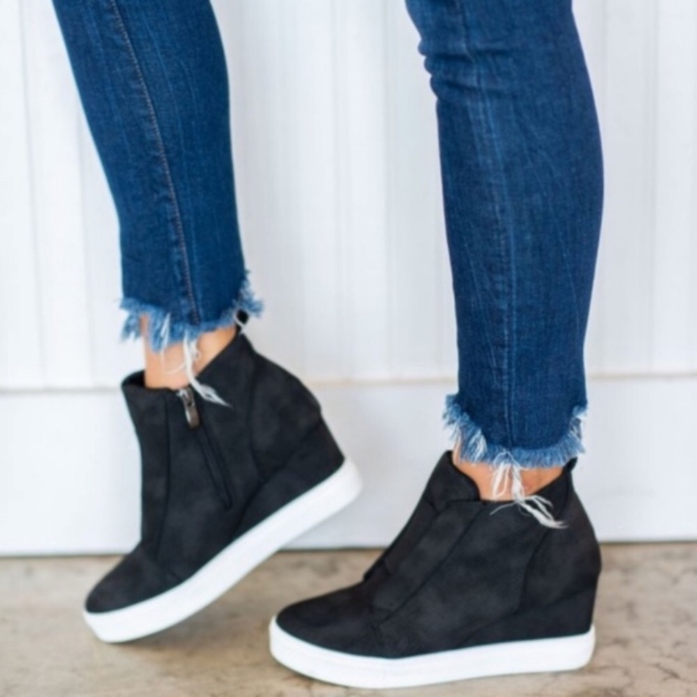 Tegan | Faux Suede Pinhole Wedge Sneakers | Black - Picture 7 of 7